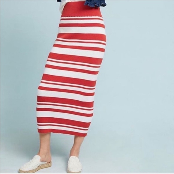 Callahan Striped Knit High Rise Fitted Bodycon Maxi Skirt Red/White Size Medium - Picture 1 of 9
